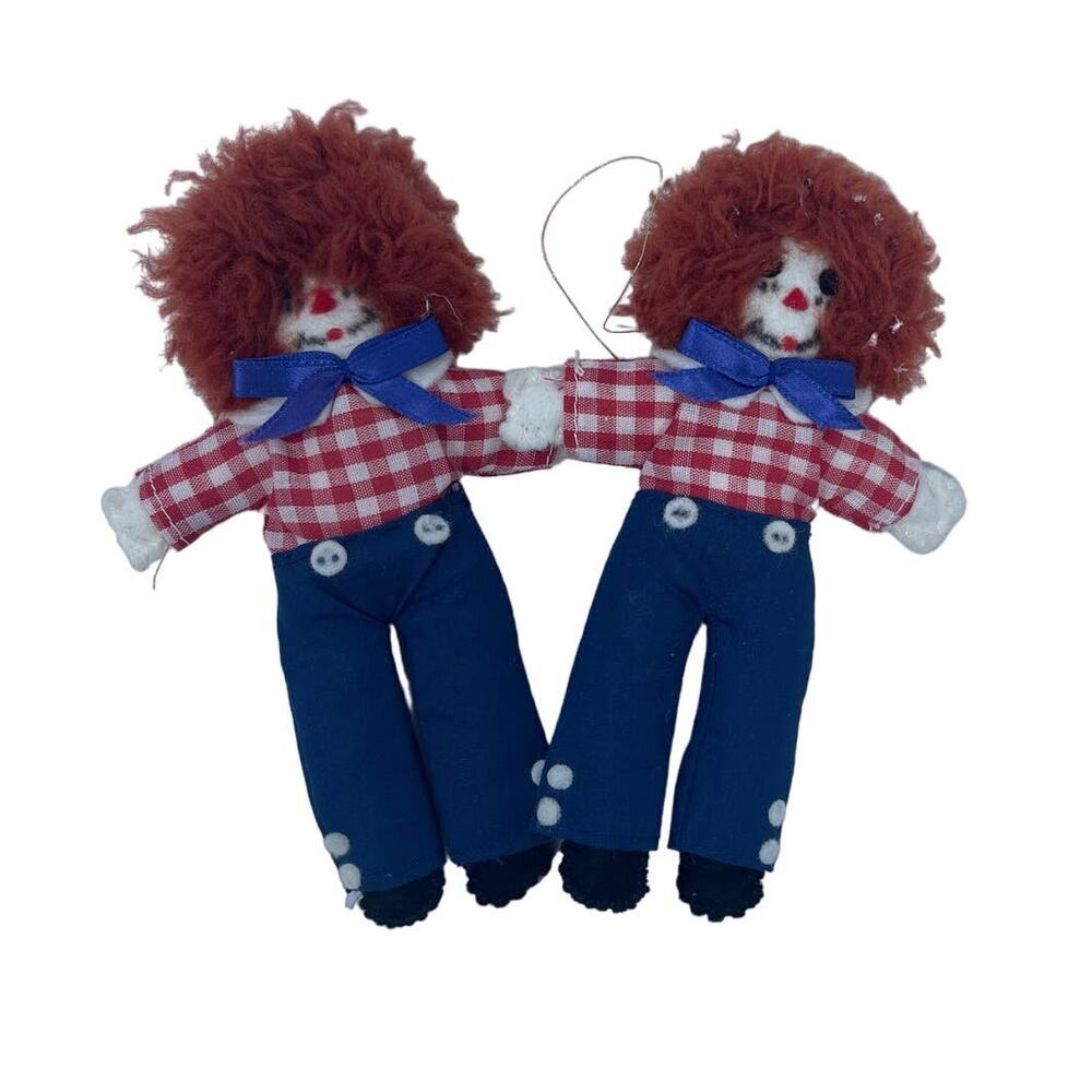 Two Vintage Miniature Raggedy Andy Dolls Primitive Ornaments Plush Shelf Sitters